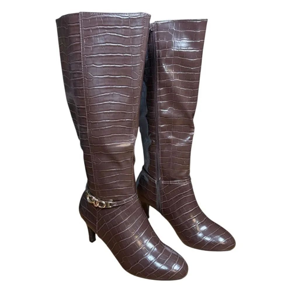 KAREN SCOTT Womens Brown Chain Croc Hanna Almond Kitten Heel Boots 5.5M NWB